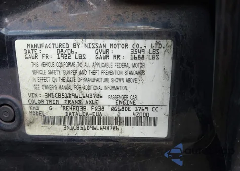 2006 Nissan Sentra 1.8S z USA, uszkodzony, nr VIN 3N1CB51D96L643726